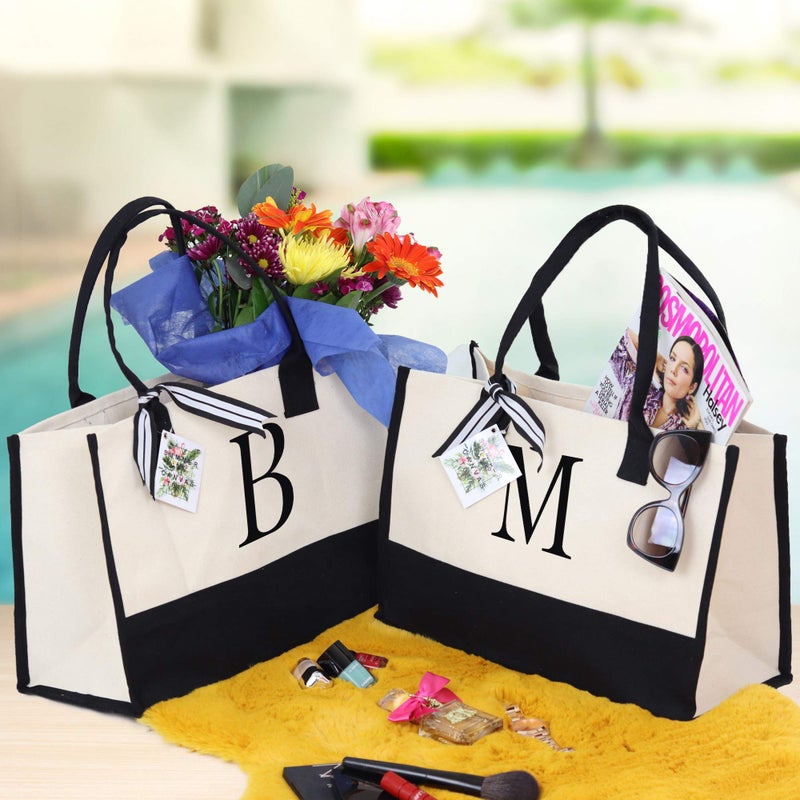 VANESSA ROSELLA Monogram Tote Bag with 100% Cotton Canvas and a Chic Personalized Monogram (Black Block Letter - U) - Image 5